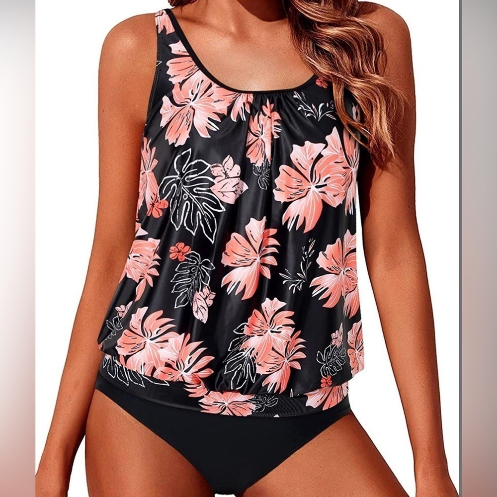 Yonique Two Piece Swimsuits For Women Loose Fit Swimwear Pink Orange Floral XXL